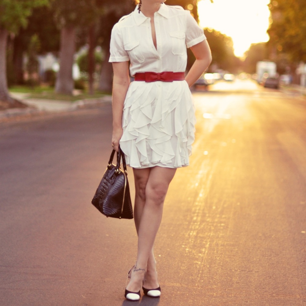 RACHEL ZOE Ivory Silk military shirt dress ruffled skirt belted waist NWT